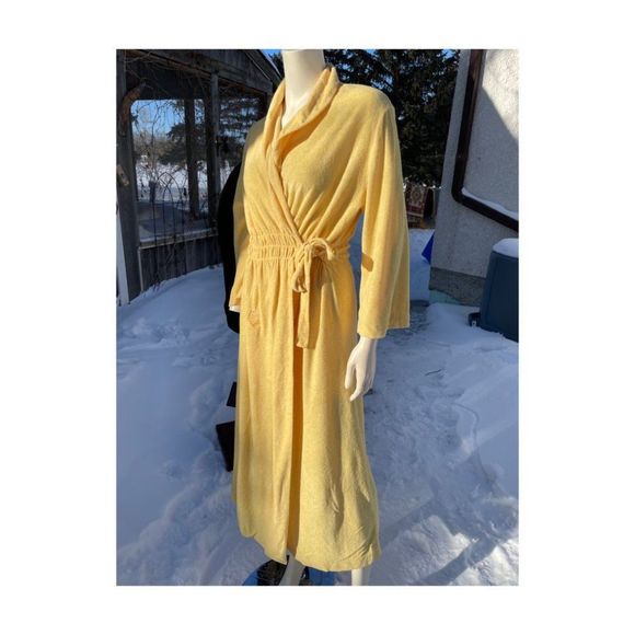 Vintage 70s Georgie Girl Gold Terrycloth Robe Double Ties Smocked Waist Sz M - Picture 6 of 14